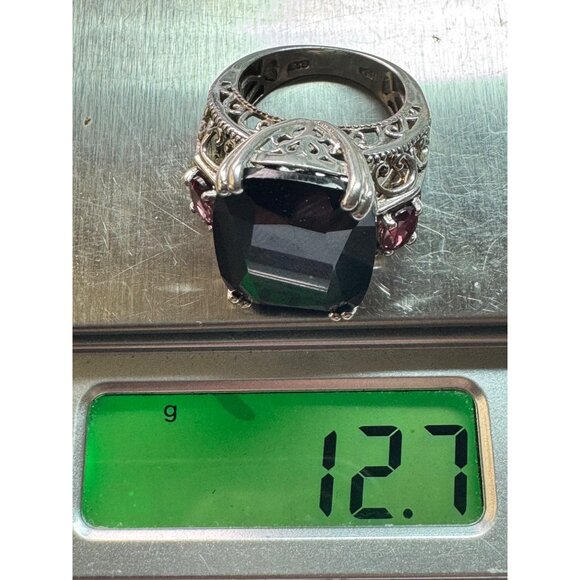 Estate Sterling Silver 925 Filigree Ring Size 6 Large Black Stone & Red Accents - Picture 8 of 8